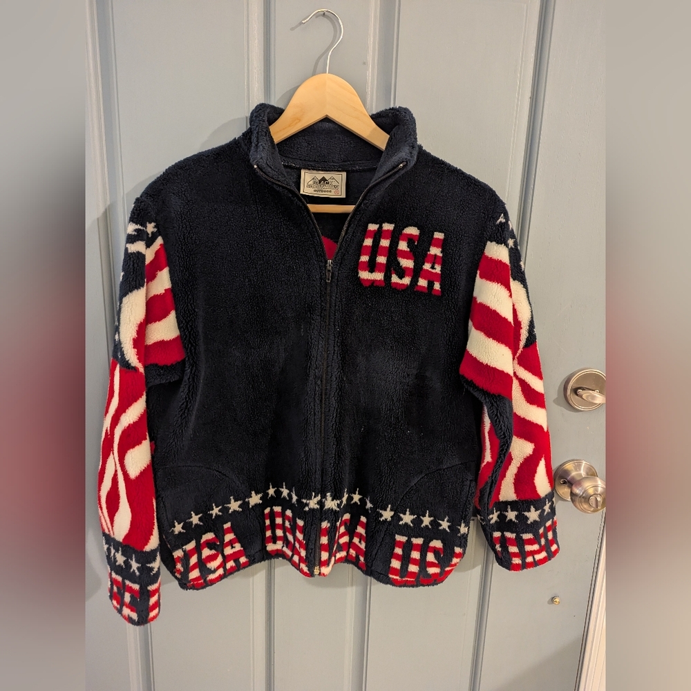 Vintage Black Mountain Fleece Jacket XL Adult Stars and Stripes USA Flag Plush